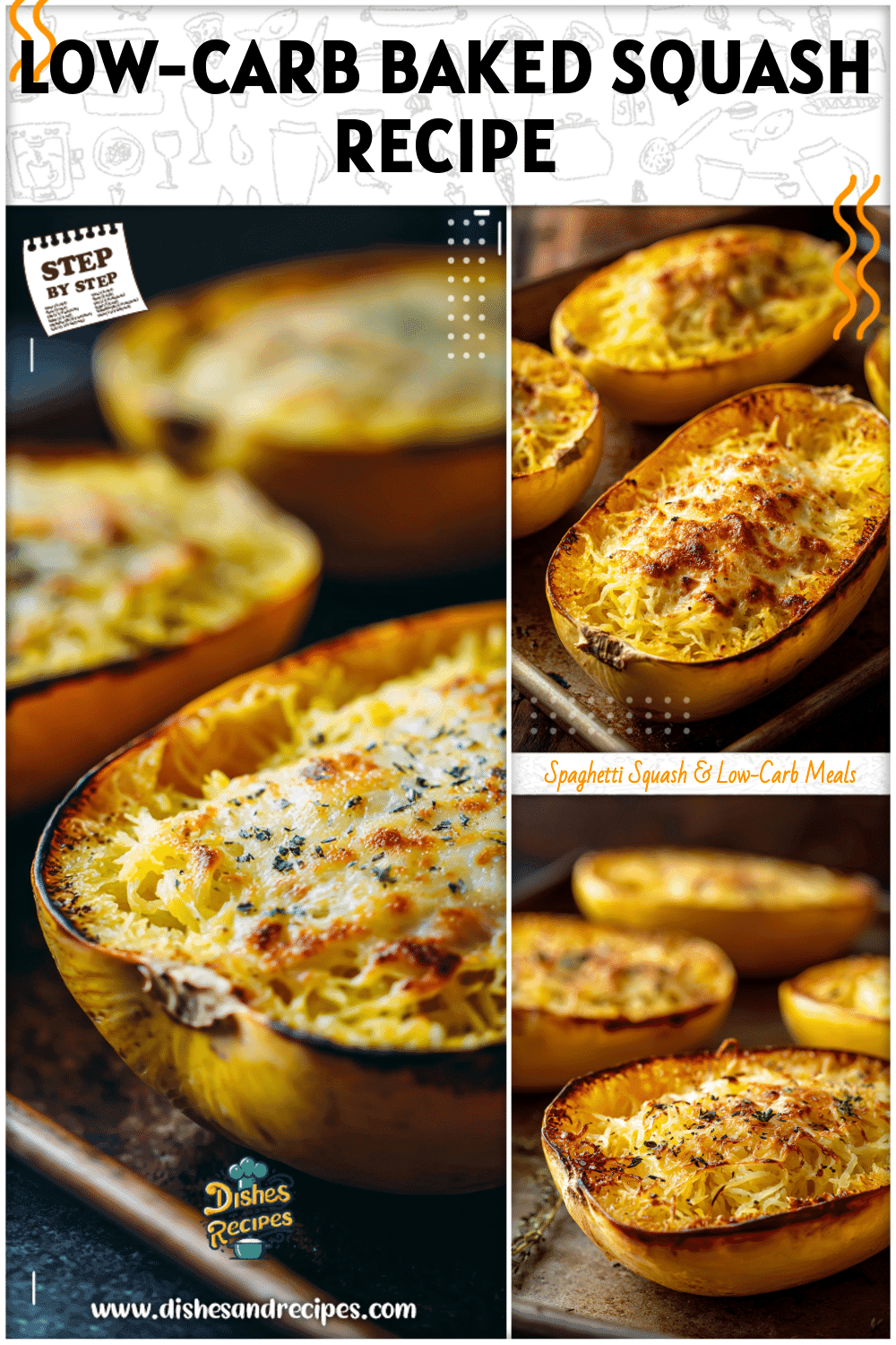 Baked spaghetti squash halves on a tray with golden caramelized edges and tender strands.